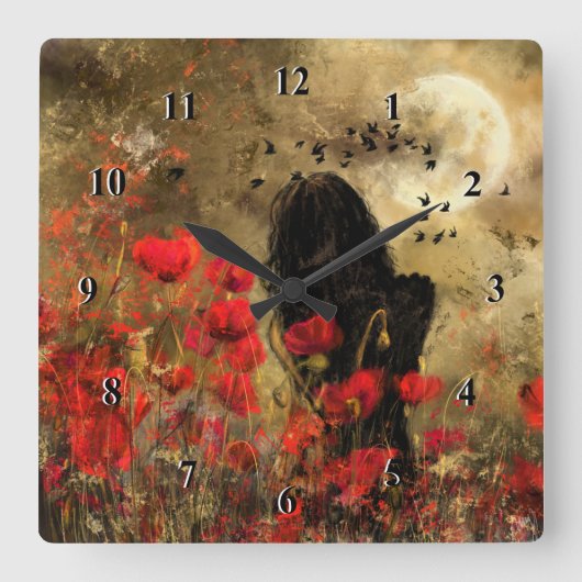 ポピー・フィールド・アート絵画の壁時計の女性 スクエア壁時計 (正面)