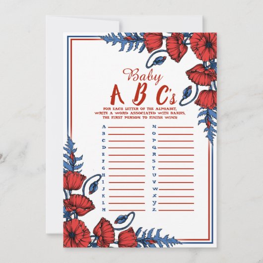 ポピー フラワーベイビーシャワー ベイビー ABC ゲーム 招待状 (正面)