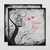 ポピー レッド、グレー 鳥かご ラブバード ウェディング 招待状 (正面/裏面)