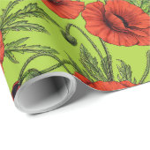 ポピー、赤、緑のライムグリーン ラッピングペーパー (ロールコーナー)