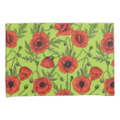 ポピー、赤、緑のライムグリーン 枕カバー (正面右)