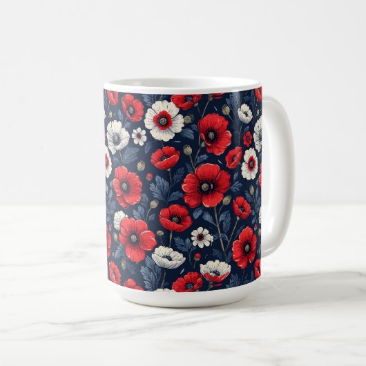 ポピ鮮やか赤と白ーの花 コーヒーマグカップ (正面右)