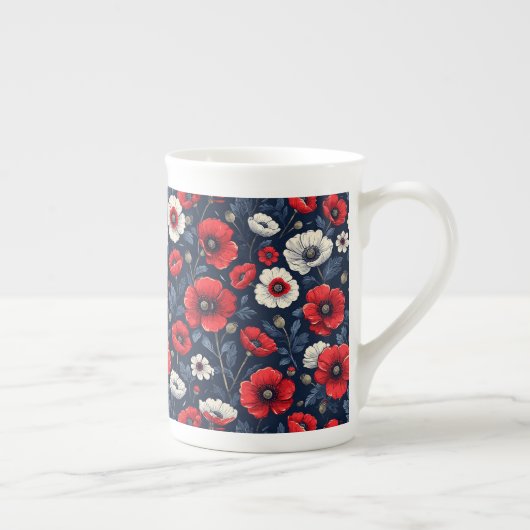 ポピ鮮やか赤と白ーの花 ボーンチャイナマグカップ (右)