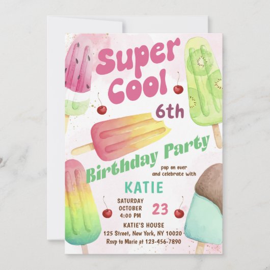 ポプシクルすごいパーティークールガール誕生日招待状 招待状 (正面)