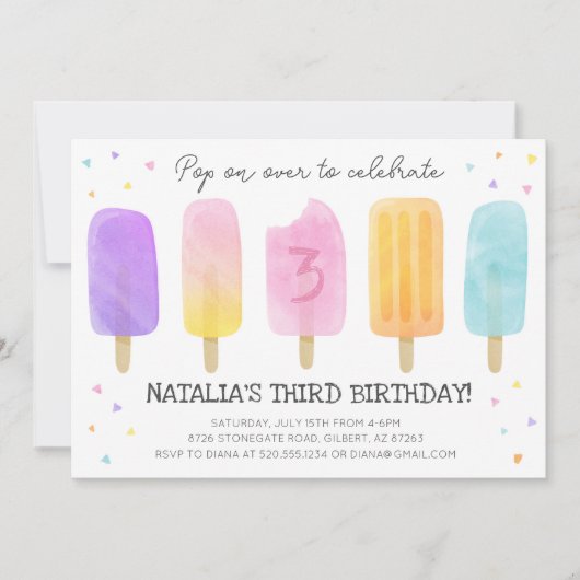 ポプシクルウォーターカラーピンクガール誕生日招待状 招待状 (正面)
