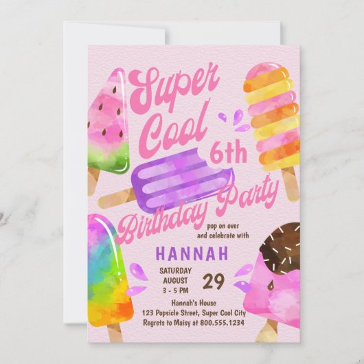 ポプシクルパーティー任意の年齢の女の子のすごいクール誕生日 招待状 (正面)