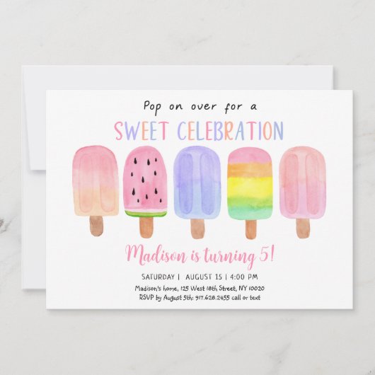 ポプシクルポップ・アートのオンオーバーピンクガール誕生日 招待状 (正面)