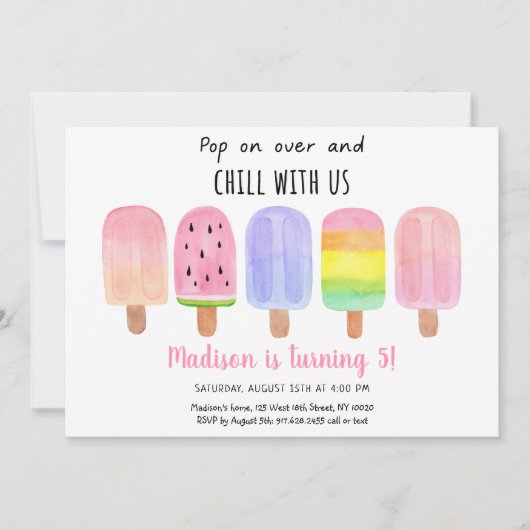 ポプシクルポップ・アートのオンオーバーピンクガール誕生日 招待状 (正面)