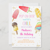 ポプシクルレインボーピンク金ゴールドガール誕生日 招待状 (正面)