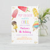 ポプシクルレインボーピンク金ゴールドガール誕生日 招待状 (スタンド正面)