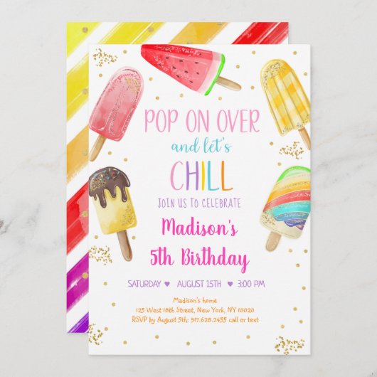 ポプシクルレインボーピンク金ゴールドガール誕生日 招待状 (正面/裏面)