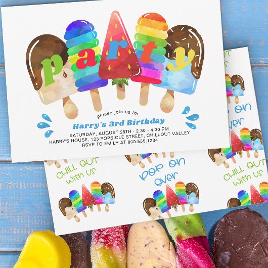 ポプシクル誕生日パーティー任意の年齢の男のカラフル子 招待状