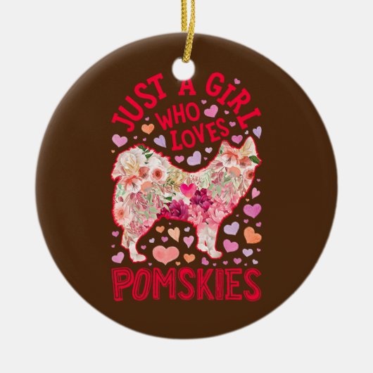 ポムスキー犬の花が大好きな女の子 セラミックオーナメント (正面)