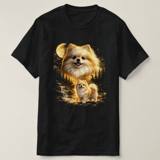 ポメラニアンが月に向かって笑顔 Tシャツ (デザイン正面)