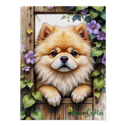 ポメラニアンが木製の門から顔を出す ポスター (正面)