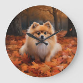 ポメラニアンが紅葉の中でインスパイアされる ラージ壁時計 (正面)
