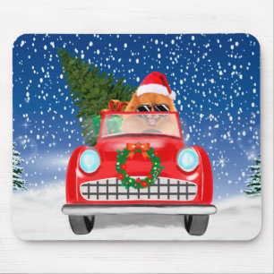 ポメラニアンが雪の日に車を運転する クリスマス マウスパッド