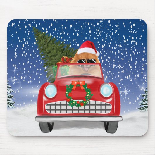 ポメラニアンが雪の日に車を運転する クリスマス マウスパッド (正面)