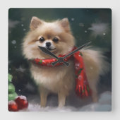 ポメラニアンと雪のクリスマス スクエア壁時計 (正面)