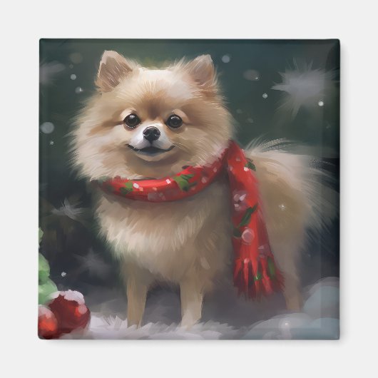 ポメラニアンと雪のクリスマス マグネット (正面)