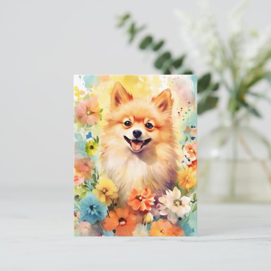 ポメラニアンのカラフルな水彩画 ポストカード (スタンド正面)
