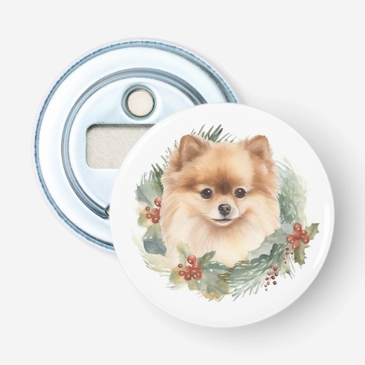 ポメラニアンのクリスマスリース フェスティブな仔犬 栓抜き (正面)