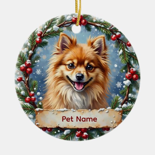 ポメラニアンのクリスマス セラミックオーナメント (正面)