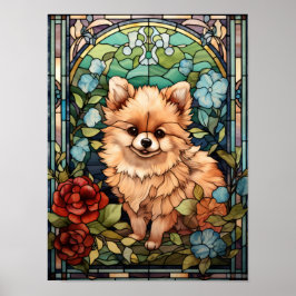 ポメラニアンの子犬のステンドグラス風 フローラル ウィンドウ アート ポスター
