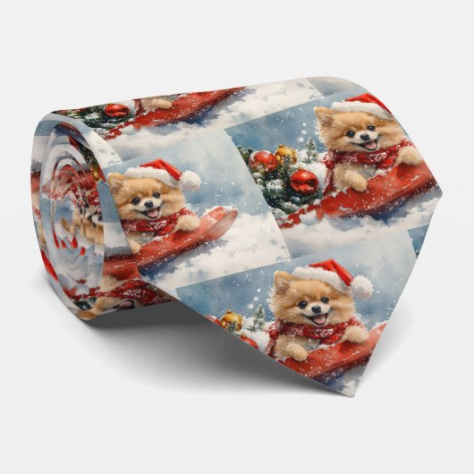 ポメラニアンの犬ソリに乗って雪を降らせて クリスマス ネクタイ (ロール)