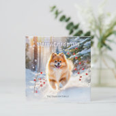 ポメラニアンの雪景色の写真 メリークリスマス シーズンカード (スタンド正面)