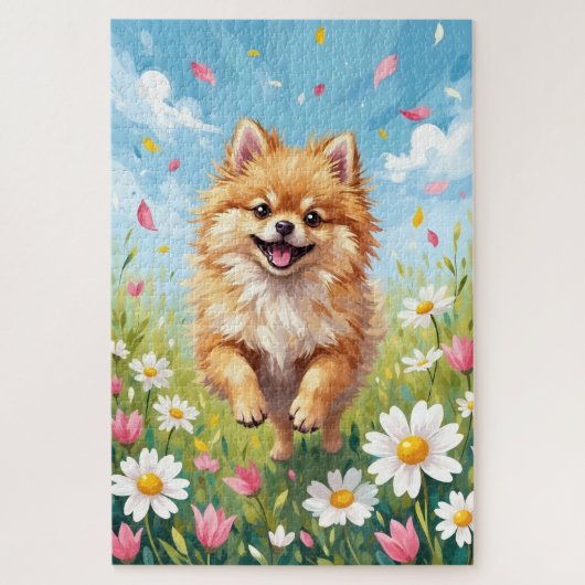 ポメラニアンスプリングデイジー畑かわいい犬 ジグソーパズル (縦)
