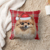 ポメラニアン犬の赤いチェック柄 クリスマスの祝い クッション (ブランケット)