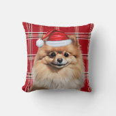 ポメラニアン犬の赤いチェック柄 クリスマスの祝い クッション (正面)