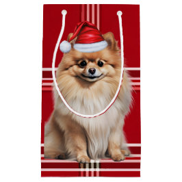 ポメラニアン サンタ ドッグ ホリデー レッド プラッド クリスマス スモールペーパーバッグ