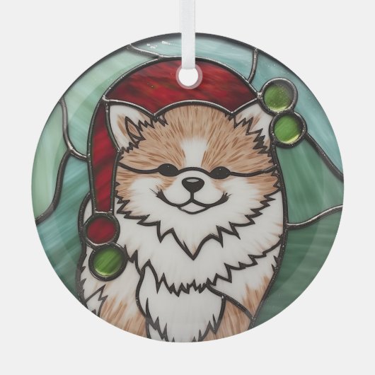 ポメラニアン ステンドグラス クリスマス ガラスオーナメント (正面)