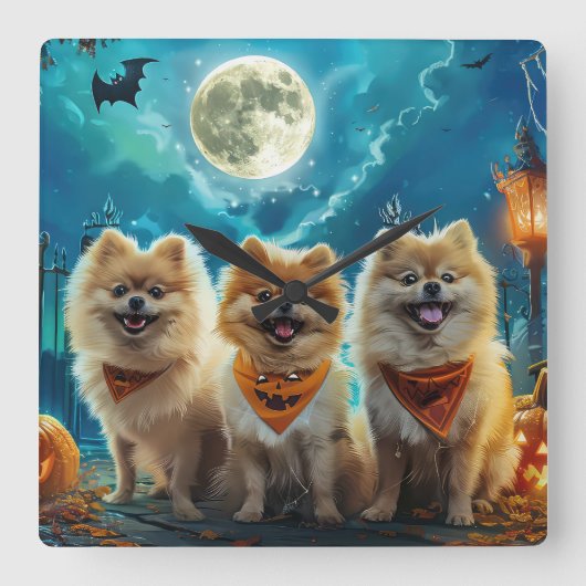 ポメラニアン ハロウィン スプーキー スクエア壁時計 (正面)