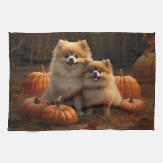 ポメラニアン 子犬 秋の喜び パンプキン キッチンタオル (横)