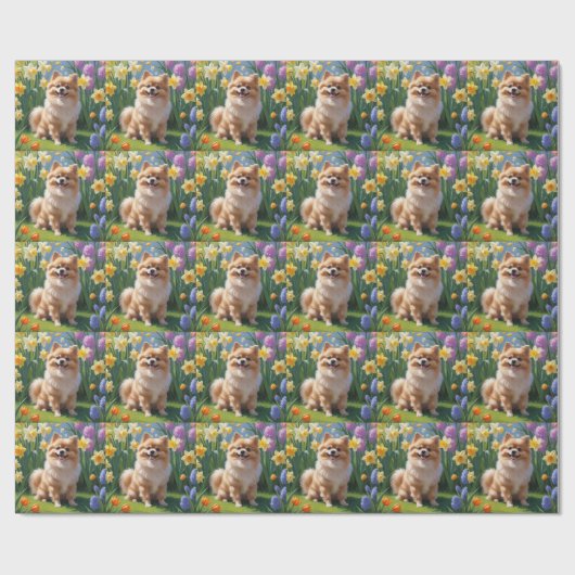 ポメラニアン 犬 春の花 絵画 ラッピングペーパー (フラット)
