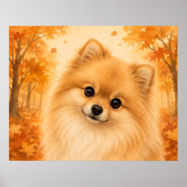 ポメラニアン 紅葉の森の犬 ポスター