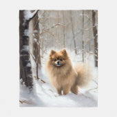 ポメラニアン 雪を降らせて クリスマス フリースブランケット (正面)