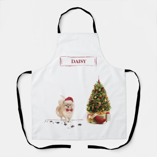 ポメラニア犬おもしろいクリスマスドッグと木 エプロン (正面)