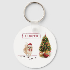 ポメラニア犬おもしろいクリスマスドッグと木 キーホルダー