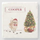 ポメラニア犬おもしろいクリスマスドッグと木 ストーンコースター (正面)