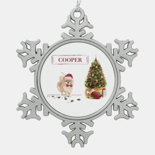 ポメラニア犬おもしろいクリスマスドッグと木 スノーフレークピューターオーナメント (正面)