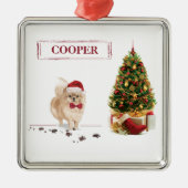 ポメラニア犬おもしろいクリスマスドッグと木 メタルオーナメント (正面)