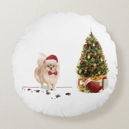 ポメラニア犬おもしろいクリスマスドッグと木 ラウンドクッション