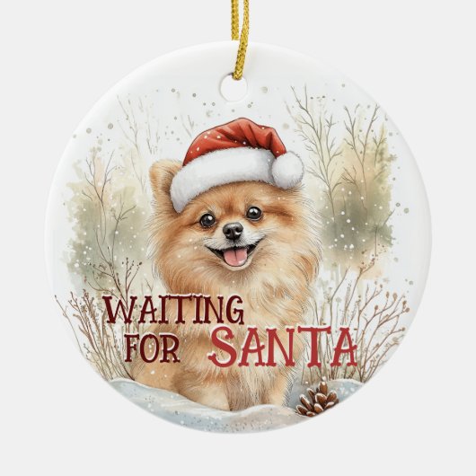 ポメラニア犬がサンタスノーウィードクリスマスを待っている セラミックオーナメント (正面)