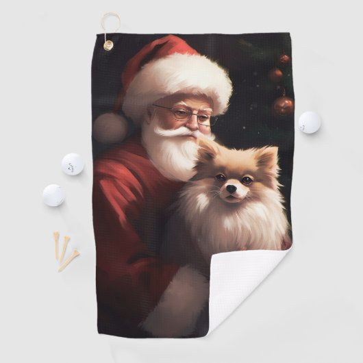 ポメラニア犬とサンタクロースフェスティバルクリスマス ゴルフタオル (インサイチュ)