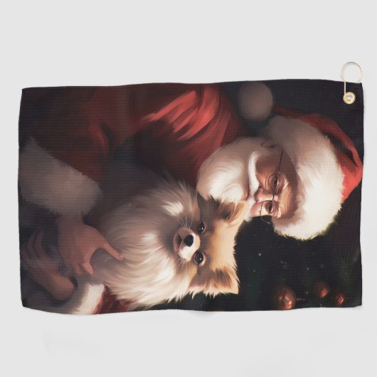 ポメラニア犬とサンタクロースフェスティバルクリスマス ゴルフタオル (横)