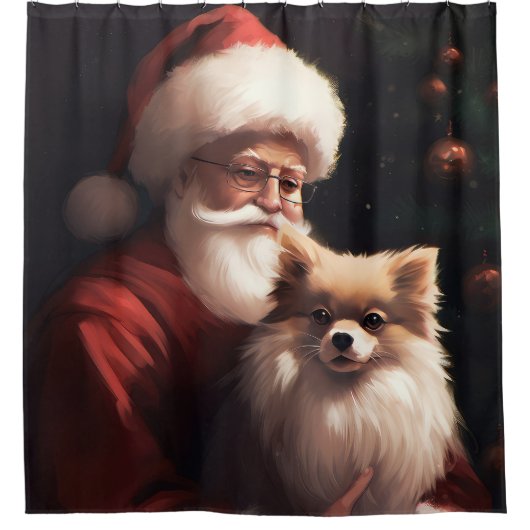 ポメラニア犬とサンタクロースフェスティバルクリスマス シャワーカーテン (正面)